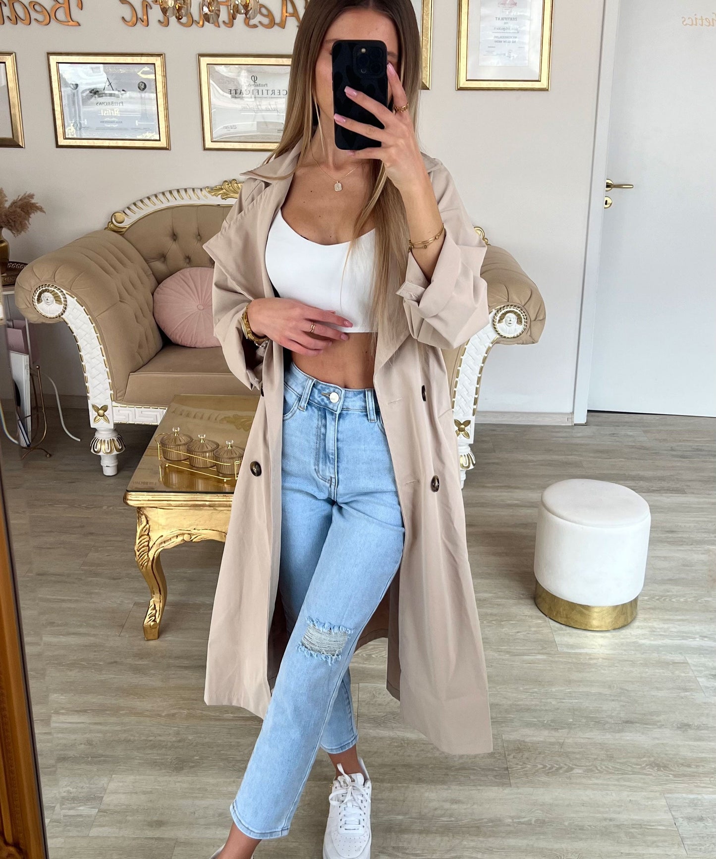 Women's casual belted lapel windbreaker jacket