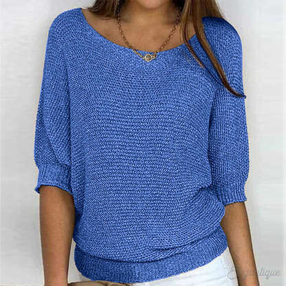 Women's Knit Sweater - Relaxed Fit - Three-Quarter Sleeve - Wide Neckline Casual Wear