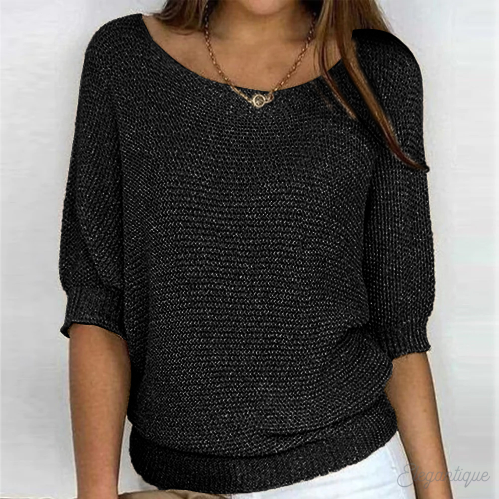 Women's Knit Sweater - Relaxed Fit - Three-Quarter Sleeve - Wide Neckline Casual Wear
