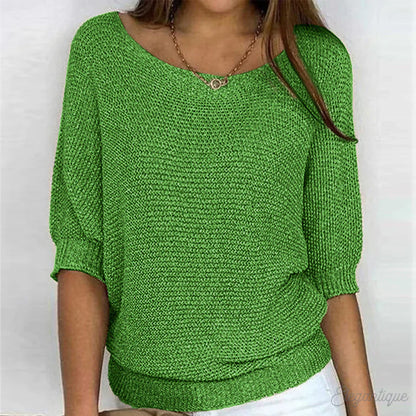 Women's Knit Pullover Sweater - Boat Neck - 3/4 Sleeve - Loose Fit Casual Wear