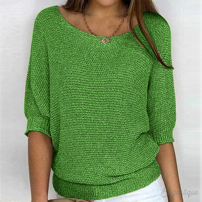 Women's Knit Sweater - Relaxed Fit - Three-Quarter Sleeve - Wide Neckline Casual Wear