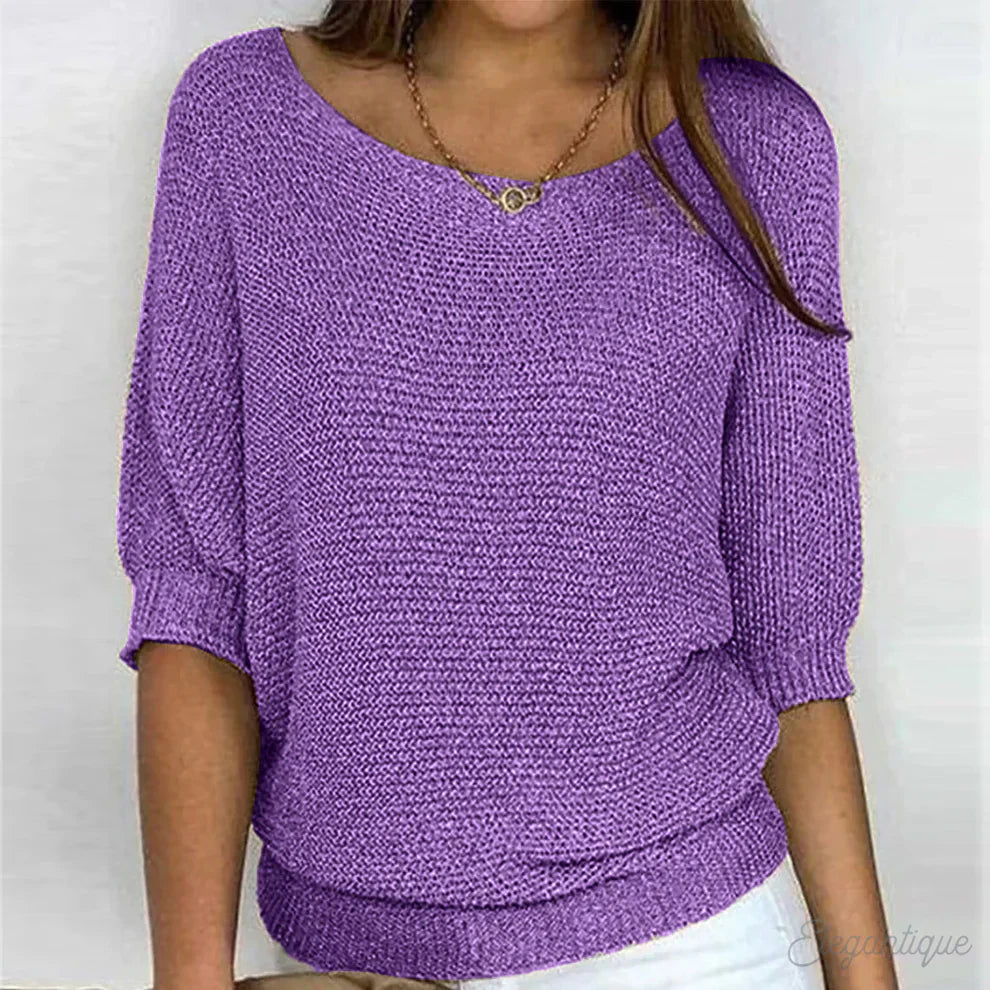 Women's Knit Pullover Sweater - Boat Neck - 3/4 Sleeve - Loose Fit Casual Wear
