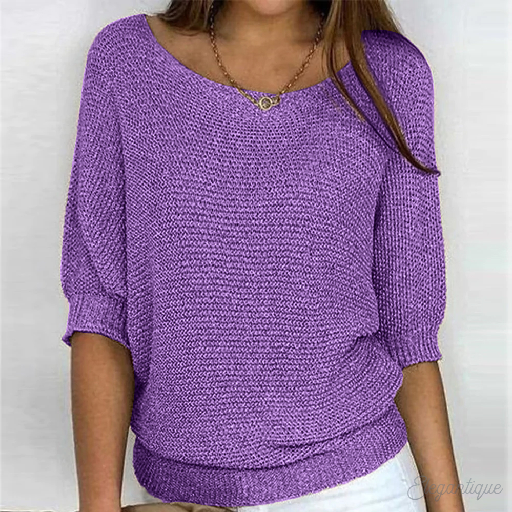 Women's Knit Sweater - Relaxed Fit - Three-Quarter Sleeve - Wide Neckline Casual Wear