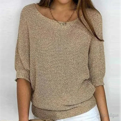 Women's Knit Pullover Sweater - Boat Neck - 3/4 Sleeve - Loose Fit Casual Wear