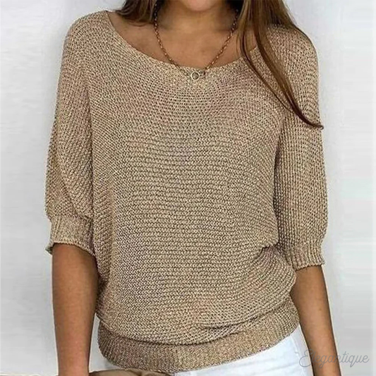 Women's Knit Sweater - Relaxed Fit - Three-Quarter Sleeve - Wide Neckline Casual Wear