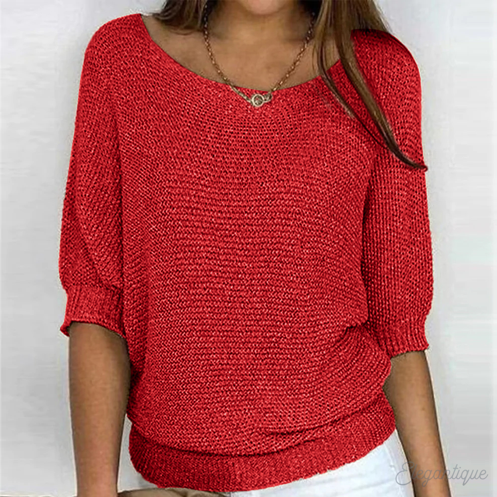Women's Knit Sweater - Relaxed Fit - Three-Quarter Sleeve - Wide Neckline Casual Wear