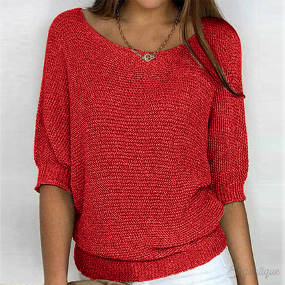 Women's Knit Sweater - Relaxed Fit - Three-Quarter Sleeve - Wide Neckline Casual Wear