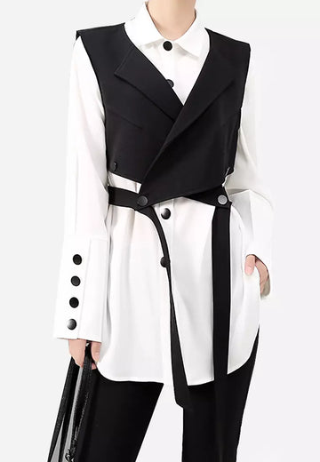 Women's lack set of vest and long-sleeved blouse