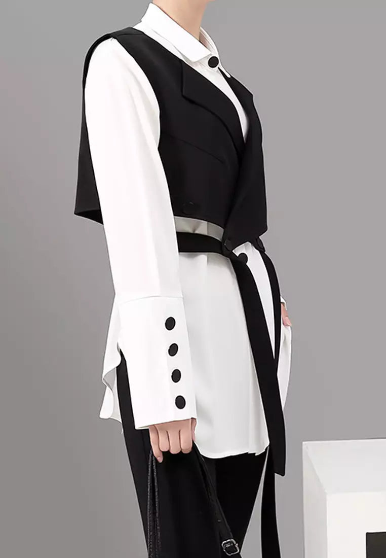 Women's lack set of vest and long-sleeved blouse