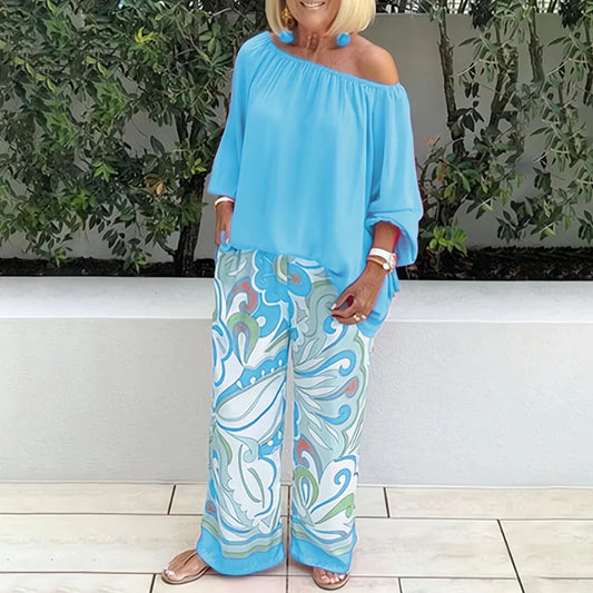 Printed One-Shoulder Top and Casual Pants Set