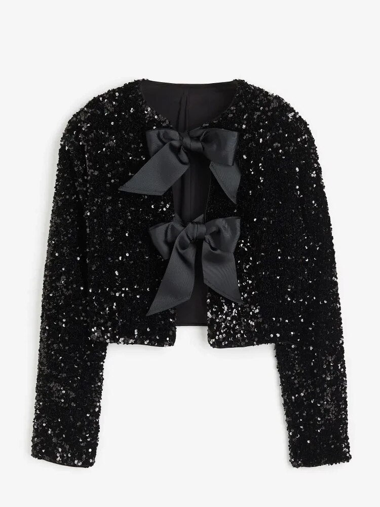 Shiny Sequin Bow Tie Sleeve Jacket