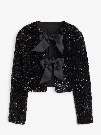 Women's shiny sequin bow tie short long sleeve jacket