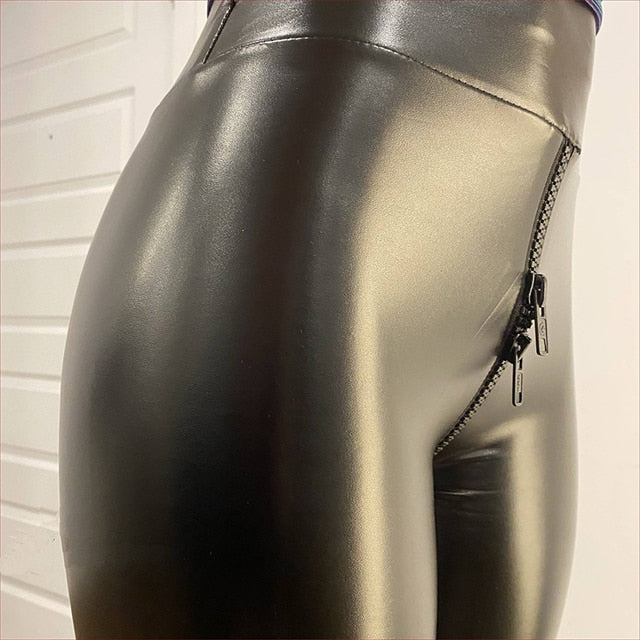 Women matte faux leather zip crotch pants