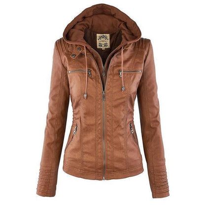 Women's PU Leather biker jacket with hood
