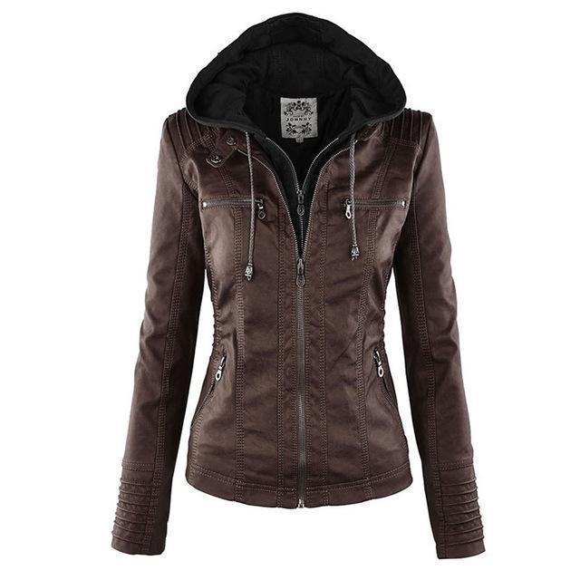 Women's PU Leather biker jacket with hood