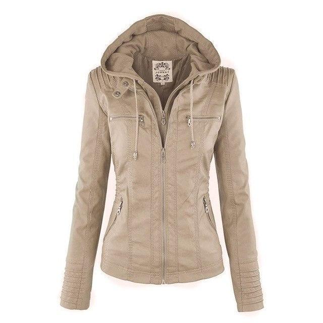 Women's PU Leather biker jacket with hood