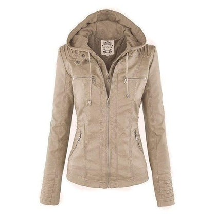 Women's PU Leather biker jacket with hood