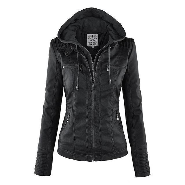 Women's PU Leather biker jacket with hood