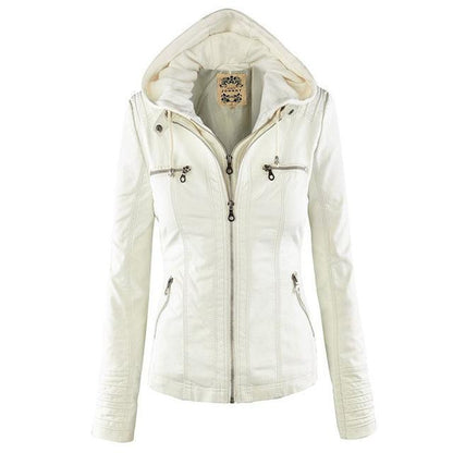 Women's PU Leather biker jacket with hood
