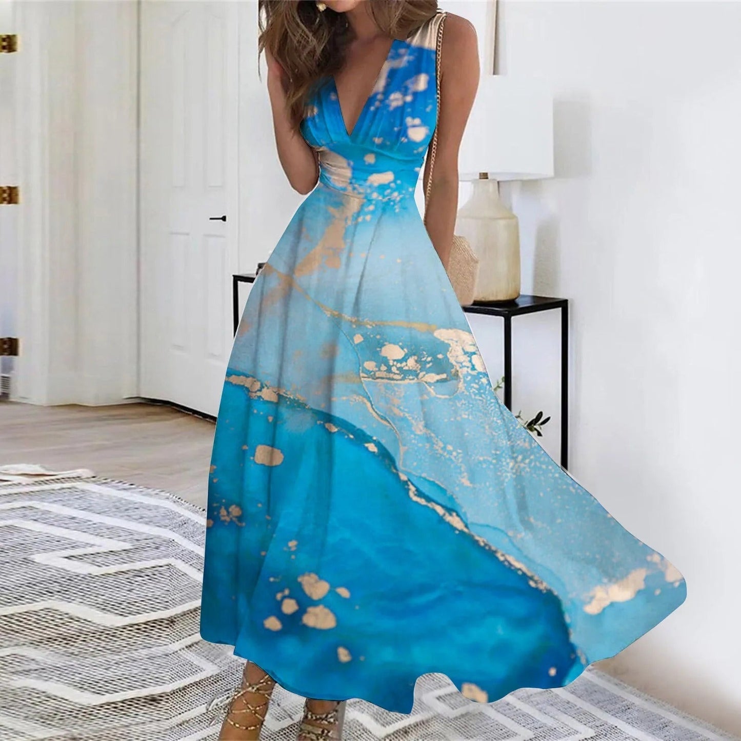 Women's Maxi Dress - Flowing Wrap Style - Deep V-Neck - Sleeveless Elegant Fit
