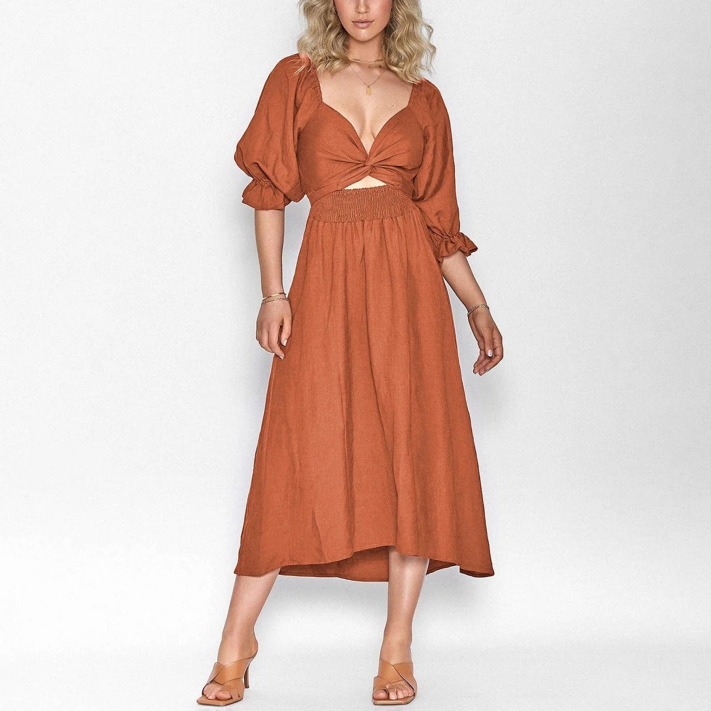 Women's Midi Dress - Twist-Knot Front - Puff Sleeves - Deep V-Neck - Ruched Waist