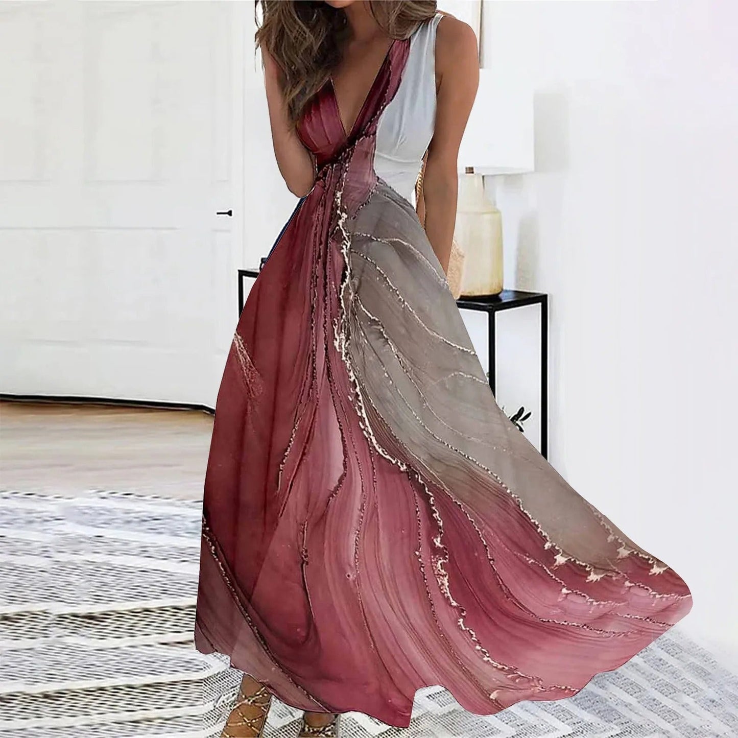 Women's Maxi Dress - Flowing Wrap Style - Deep V-Neck - Sleeveless Elegant Fit