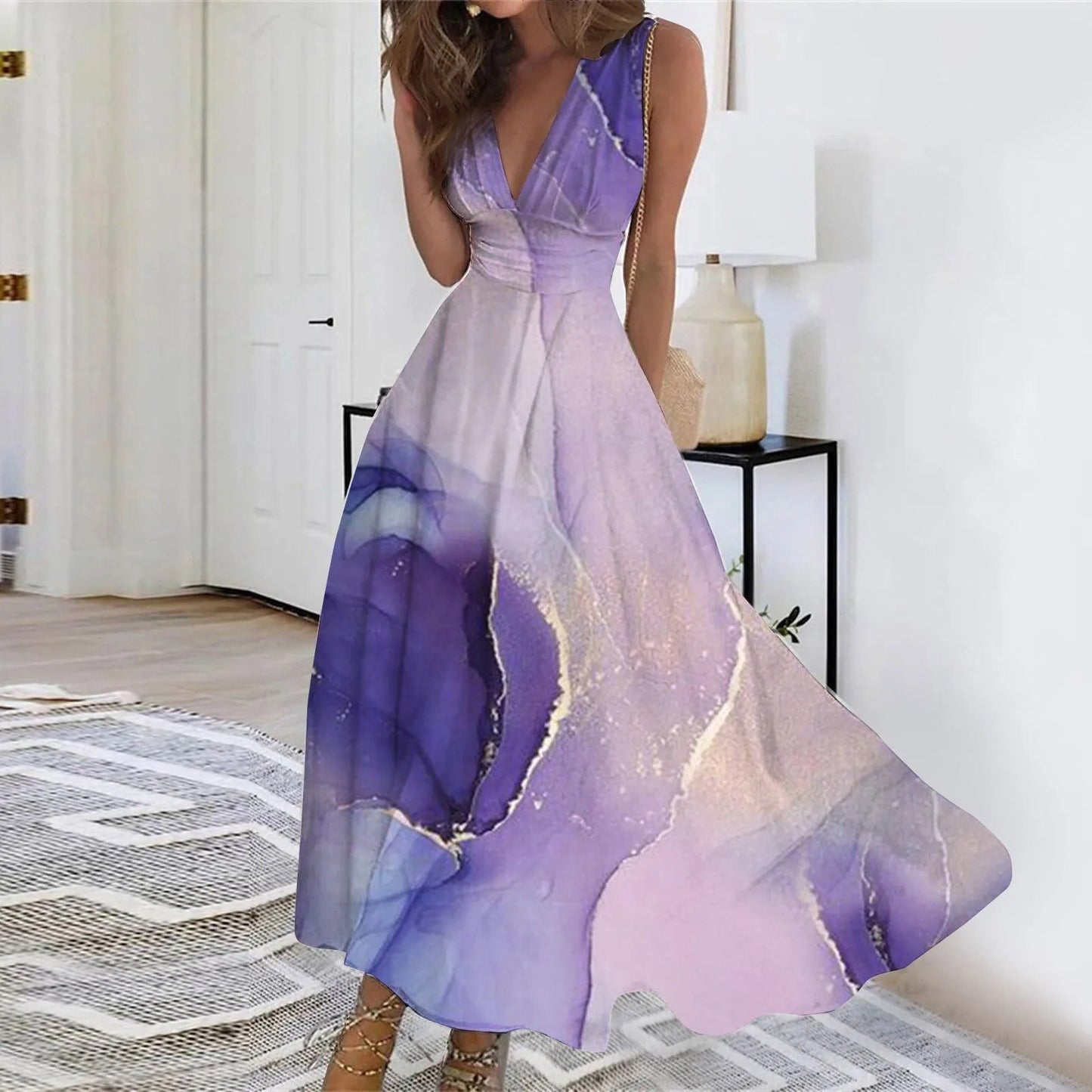 Women's Maxi Dress - Flowing Wrap Style - Deep V-Neck - Sleeveless Elegant Fit
