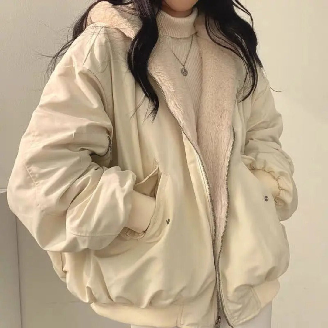 Women’s Bomber Jacket – Oversized Relaxed Fit – Plush Hood – Ribbed Trim – Utility Pockets