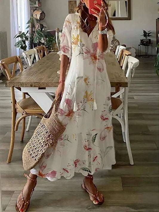 Women's Maxi Dress - Floral Print - V-Neck - Half Sleeve - Flowy Lightweight Fit