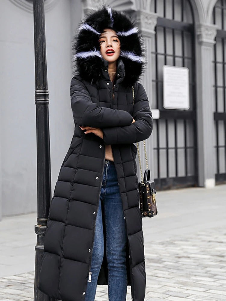 Women's knee-length detachable fur hood down jacket