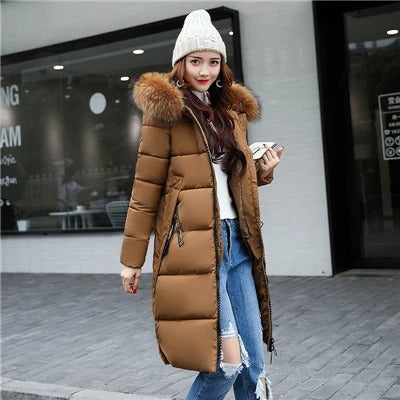 Women's long hooded fur collar jacket