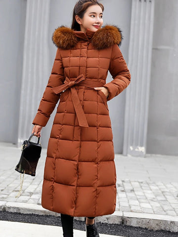 Women's knee-length detachable fur hood down jacket