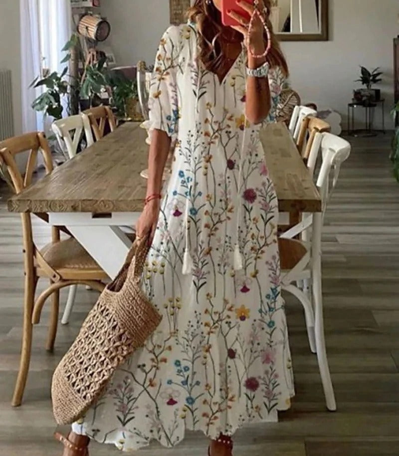 Women's Maxi Dress - Paisley Print - V-Neck - Elbow Sleeve - Flowing Lightweight Fit