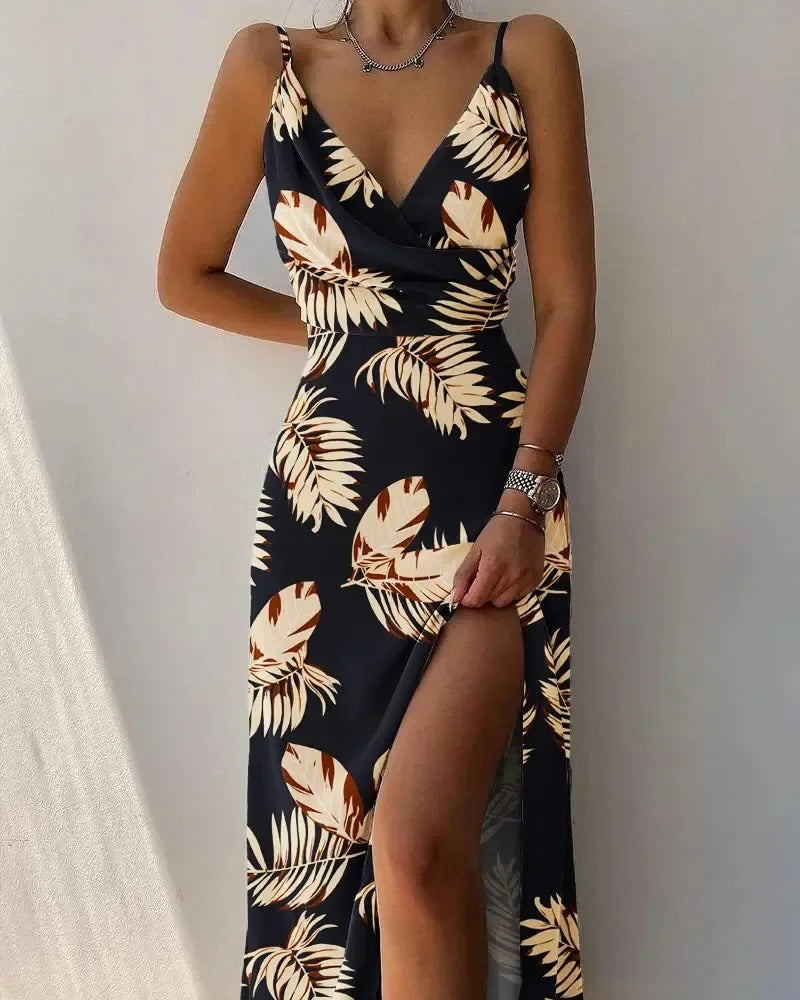Women's Dress - Sleeveless Spaghetti Strap - Deep V-Neck - Fitted with Side Slit