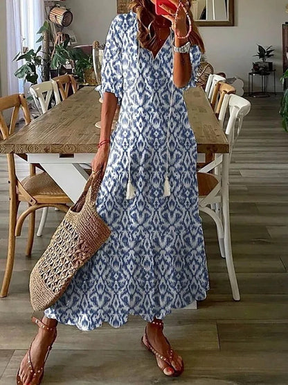 Women's Maxi Dress - Paisley Print - V-Neck - Elbow Sleeve - Flowing Lightweight Fit