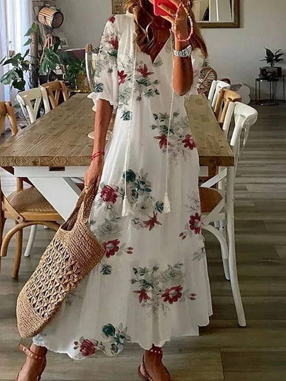 Women's Maxi Dress - Paisley Print - V-Neck - Elbow Sleeve - Flowing Lightweight Fit