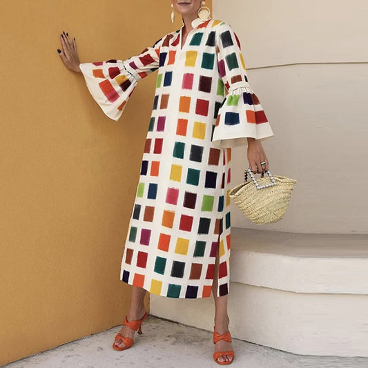 Geometric Plaid Bell Sleeve Midi Dress