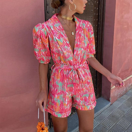Puff Sleeve Tie Waist Casual Romper