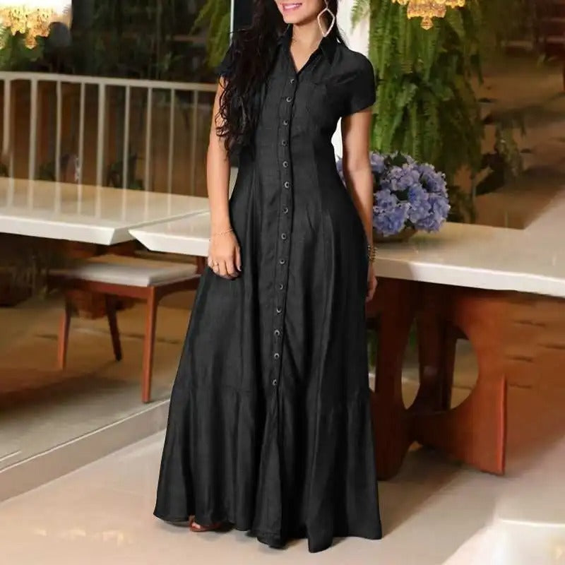 Niki - stylish long denim maxi dress with buttons and a turned-up collar