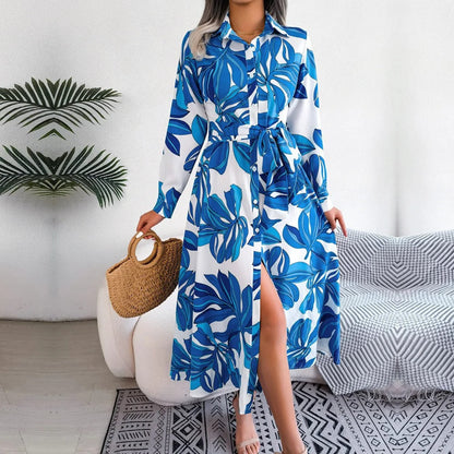 Women's Maxi Shirt Dress - Long Sleeve - Button Down - Tie Waist - Elegant Fit