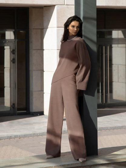 Women's irregular sweater and high waist wide leg knit pants set
