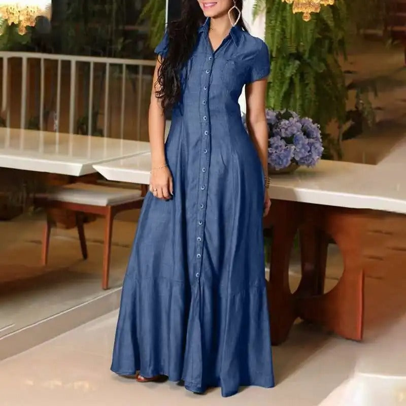 Niki - stylish long denim maxi dress with buttons and a turned-up collar