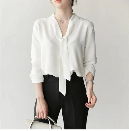 Women's Blouse - Long Sleeve - Elegant Bow Tie Neck - Flowy Lightweight Fabric
