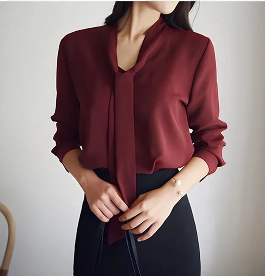 Flowy Bow Tie Neck Long Sleeve Blouse