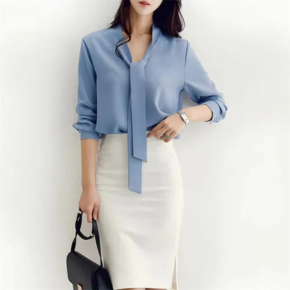 Women's Blouse - Long Sleeve - Elegant Bow Tie Neck - Flowy Lightweight Fabric