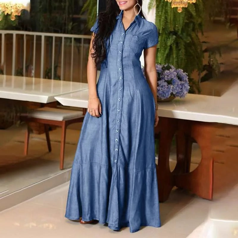 Women's Maxi Dress - Button Down - Short Sleeve - Flared A-Line Elegant Fit