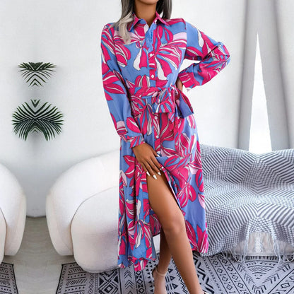 Women's Maxi Shirt Dress - Long Sleeve - Button Down - Tie Waist - Elegant Fit