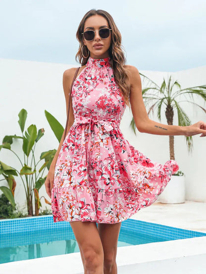 Women's Halter Dress - Sleeveless A-Line Fit - Floral Print - Casual Lightweight