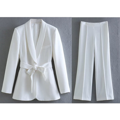 Women’s Tailored Suit Set – Belted Blazer – Wide-Leg Trousers – Flattering Fit