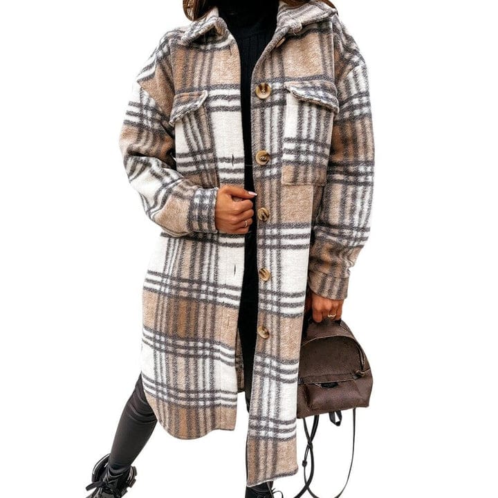 Long checked jacket for women with button closure